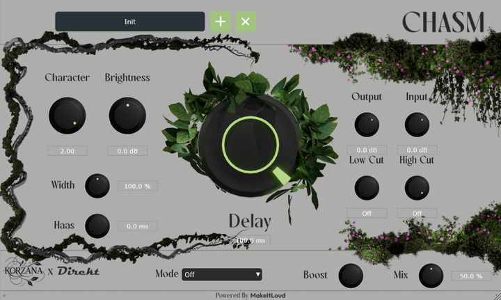 Chasm plugin interface - a large black delay knob on a grey panel